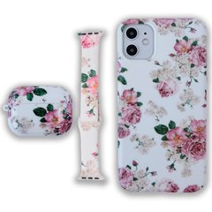 Комплект Beautiful Flowers для iPhone 12 + Ремінець для Apple Watch 42/44/45 mm + Чохол для AirPods PRO Ніжні троянди