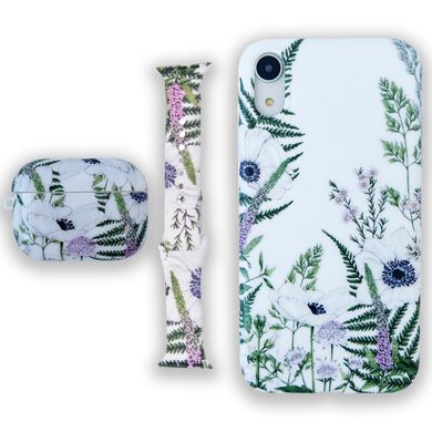 Комплект Beautiful Flowers для iPhone XR + Ремінець для Apple Watch 38/40/41 mm + Чохол для AirPods PRO Лаванда
