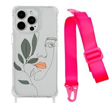 Чехол прозрачный с ремешком Print Leaves для iPhone 11 PRO Face/Hot Pink - ash-mobile.com.ua - фото 1